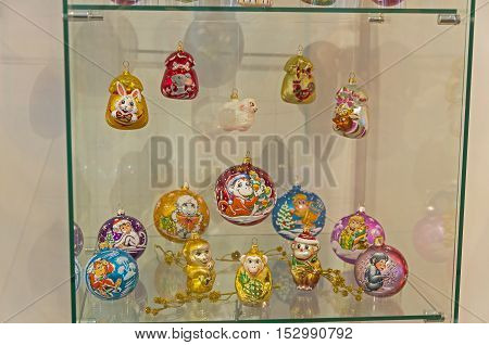 KLIN RUSSIA - JANUARY 16 2016: Modern Christmas toys on the symbols of the Chinese horoscope. Museum of Christmas toys.