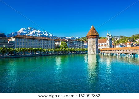 Historic City Center Of Lucerne With Famous Chapel Bridge And Lake Lucerne (vierwaldstattersee), Can