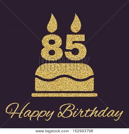 The birthday cake with candles in the form of number 85 icon. Birthday symbol. Gold sparkles and glitter Vector illustration