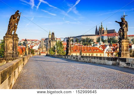 Prague Czech Republic. Charles Bridge with its statuette Lesser Town Bridge Tower and the tower of the Judith Bridge.