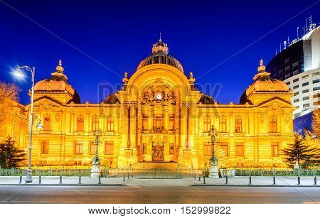 Bucharest Romania. Fantastic view of the old city Calea Victoriei street in lights of twilight. Dramatic HDR scene.