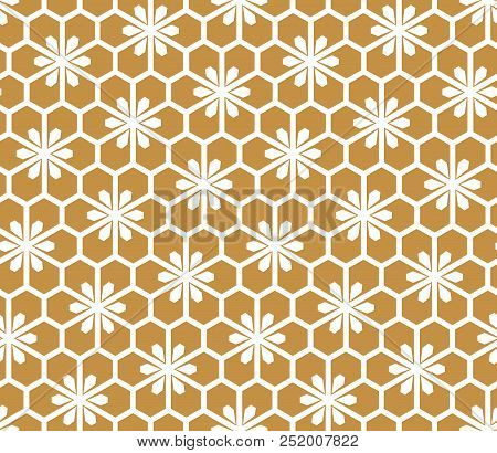 Flower Geometric Pattern. Seamless Vector Background. White And Gold Ornament. Ornament For Fabric, 