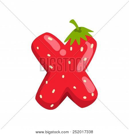 Letter X Of English Alphabet Made From Ripe Fresh Srawberry, Bright Red Berry Font Vector Illustrati