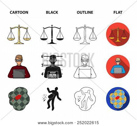 Handcuffs, Scales Of Justice, Hacker, Crime Scene.crime Set Collection Icons In Cartoon, Black, Outl