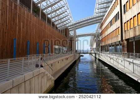 Oslo, Norway - July 24, 2018: View Of Astrup Fearnley Museum Of Modern Art Connecting Canals In Wate