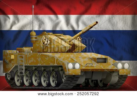 Light Tank Apc With Desert Camouflage On The Thailand Flag Background. 3d Illustration