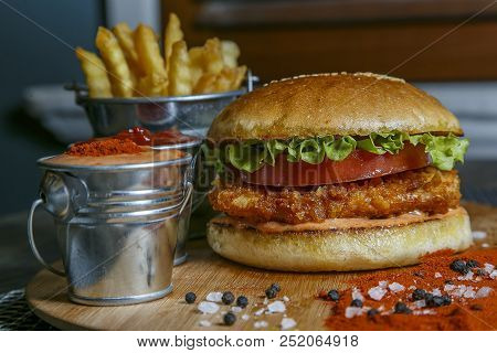 Delicious Burgers With Beef, Tomato, Cheese And Lettuce