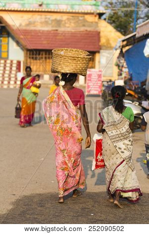 Rameshwaram, Tamil Nadu, India- March Circa 2018. In The Main Street, Unidentified Hindu Pilgrims Pe