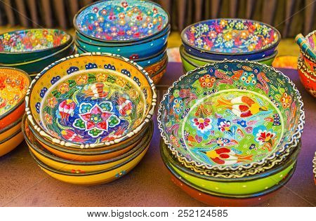 The Rich Floral Patterns On Small Pialas - Traditional Dishware For Tea, Antalya, Turkey.