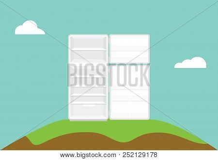 Open Empty Refrigerator Isolated With Violet Background And Long Shadow On Mountain