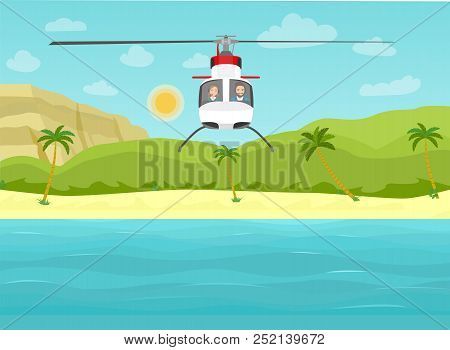 Tropical Landscape With Palm Trees, Ocean And Mountain. Helicopter,couple Inside. Vector Flat Style 