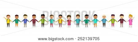 Pupils And Kids Holding Hands. Children's Group Of School Children Stands In Row. Happy Crowd Of Pup
