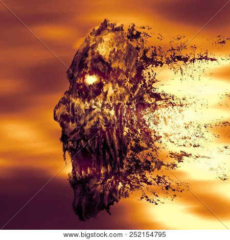 Fiery Head Of Running Zombie Clattering With Teeth. Genre Of Horror. Scary Monster Character Orange 