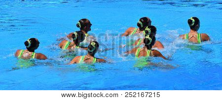 Budapest, Hungary - Jul 18, 2017. Synchronized Swimming Team Ukraine Performing A Synchronized Routi