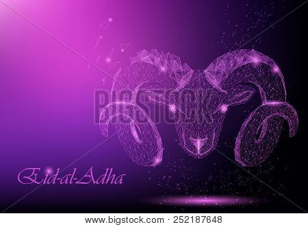 Muslim Holiday Eid Al-adha. Polygonal Purple Ram For Kurban Bayrami. Holy Month. Vector Illustration