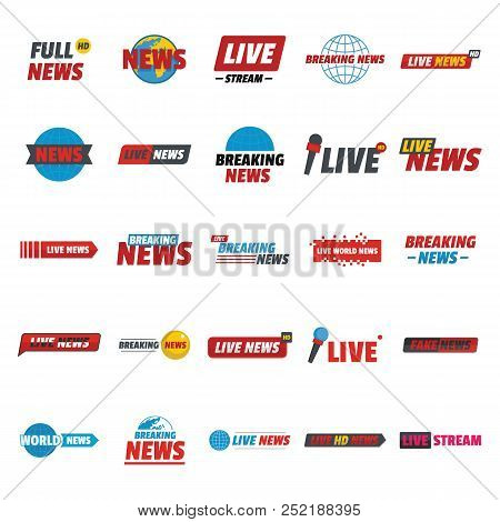 News Live Breaking Label Icons Set. Flat Illustration Of 25 News Live Breaking Label  Icons For Web