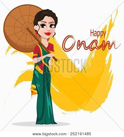 Onam Celebration. Indian Woman In Traditional Clothes Holding Umbrella. Happy Onam Festival In Keral