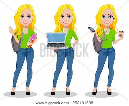 Happy Student With Backpack, Set Of Three Poses. Beautiful Female Cartoon Character Holding Book, Ho