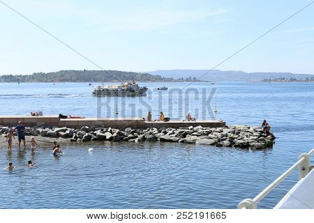 Oslo, Norway - July 24, 2018: Swimming Beach In City Center, Tjuvholmen Neighborhood. Tjuvholmen Cit