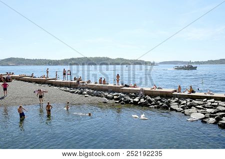 Oslo, Norway - July 24, 2018: Swimming Beach In City Center, Tjuvholmen Neighborhood. Tjuvholmen Cit