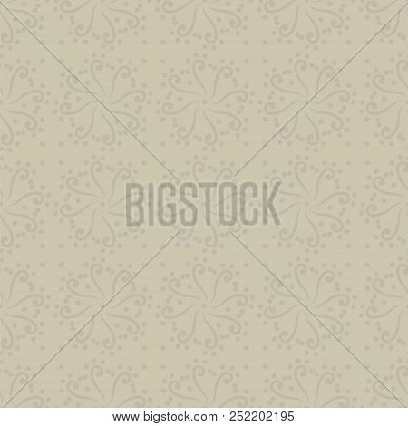 Vector Seamless Ornament With Swirls And Dots Circles Beige Light Discreet Pattern Background.