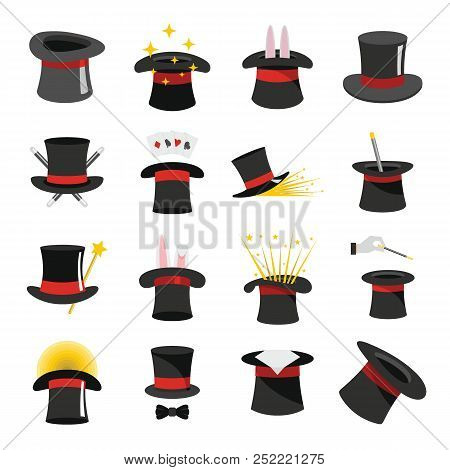 Magician Hat Sorcery Icons Set. Flat Illustration Of 16 Magician Hat Sorcery  Icons For Web