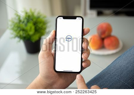 Alushta, Russia - July 28, 2018: Man Hand Holding Iphone X With Social Networking Service Imo On The