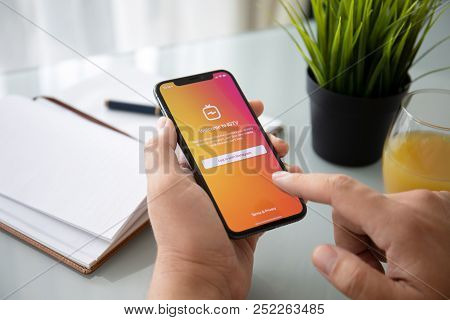 Alushta, Russia - July 27, 2018: Man Hand Holding Iphone X With Social Networking Service Igtv Insta