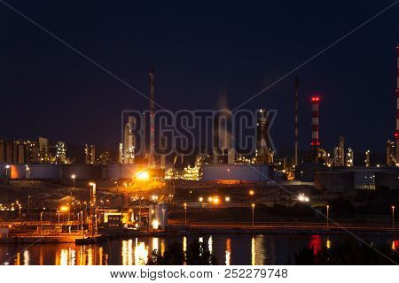 Port De Bouc Industrial Complex At Night, France