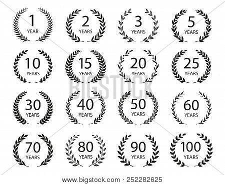 Set Of Anniversary Laurel Wreaths. Black And White Anniversary Symbols Isolated On Black Background.