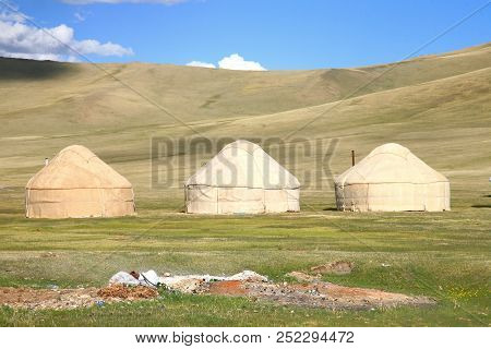 The Ger Camp In A Large Meadow At Song Kul Lake ,  Naryn Of Kyrgyzstan