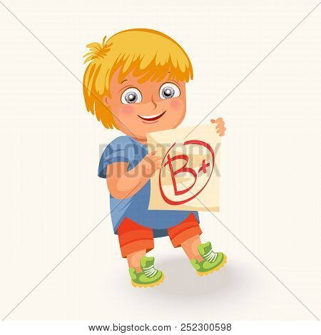 Happy Pupil Showing Result Of Exam With B Plus Mark Vector Illustration. Cheerful Schoolchild Demons
