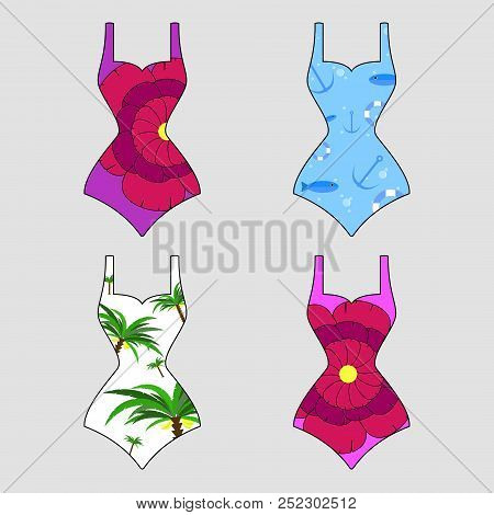 Set Of Different Bright Swimsuit. Swimsuit Icon. Vector Illustration Of Swimsuit.