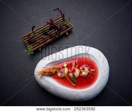 Mediterranean gazpacho tomato soup with seafood and codium salad