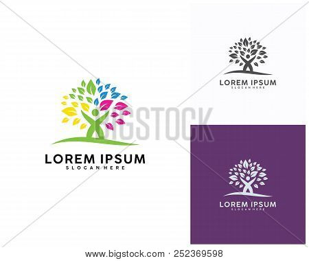 Trees With People Logo Design Template, Movement Logo Design Vector