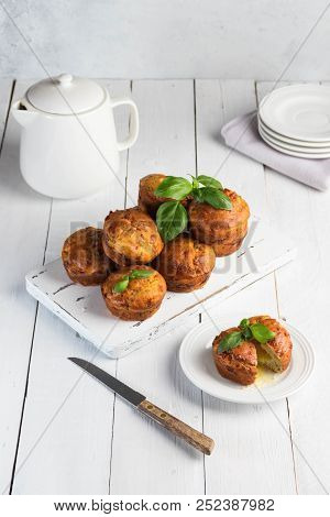Homemade Freefly Baked Double Cheese Muffins With Basilic On A White Wooden Board. Healthy Snack Or 