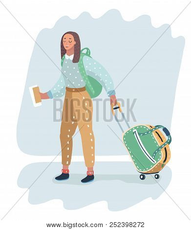 Vector Cartoon Illustration In Modern Concept. Female Traveler Carrying Wheeled Bag. Woman With Tick