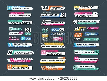 Collection Of Tv News Bars For News, Reports, Live Channels, Streams. Bundle Of Television Badges Is