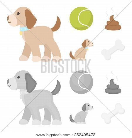 Dog Sitting, Dog Standing, Tennis Ball, Feces. Dog Set Collection Icons In Cartoon, Monochrome Style
