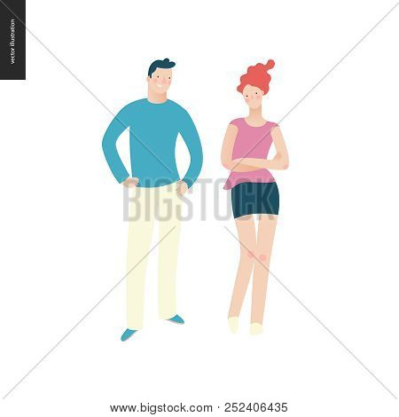 Bright People Portraits - Young Man And Woman, Hand Drawn Flat Style Vector Design Illustration Of A