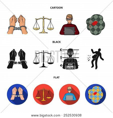Handcuffs, Scales Of Justice, Hacker, Crime Scene.crime Set Collection Icons In Cartoon, Black, Flat
