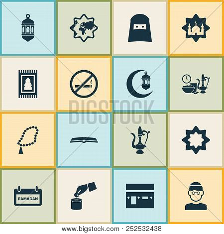 Ramadan Icons Set With Rub El Hizb, Islamic, Lamp And Other Beads Elements. Isolated Vector Illustra