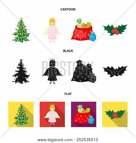 Christmas Tree, Angel, Gifts And Holly Cartoon, Black, Flat Icons In Set Collection For Design. Chri