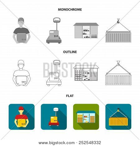 Courier, Scales, Container, Warehouse. Logistic, Set Collection Icons In Flat, Outline, Monochrome S