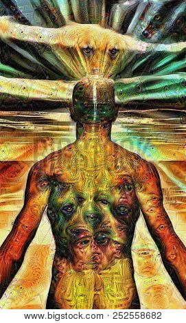 Man covered in wierd eyes with light radiating from mind. 3D rendering