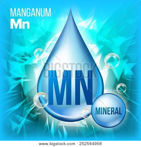 Mn Manganum Vector. Mineral Blue Drop Icon. Vitamin Liquid Droplet Icon. Substance For Beauty, Cosme