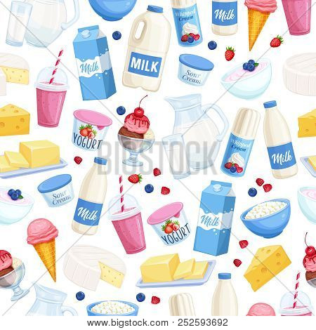 Seamless Pattern Daity Products. Background With Cottage Cheese, Milk, Butter, Cheese And Sour Cream