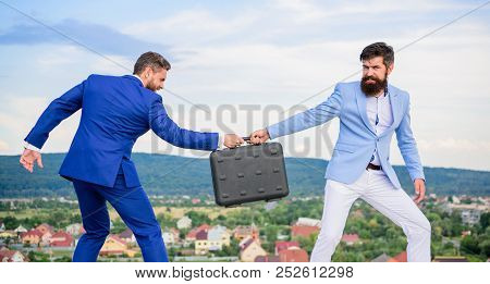 Business Deal Landscape Background. Businessman Takes Away Briefcase From Business Partner. Fraud An
