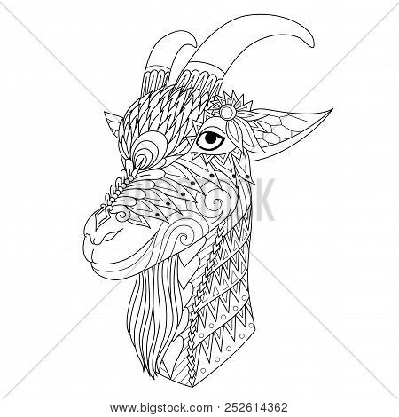Line Art Design Of Smiley Goat For Adult Coloring Book For Anti Stress. Vector Illustration
