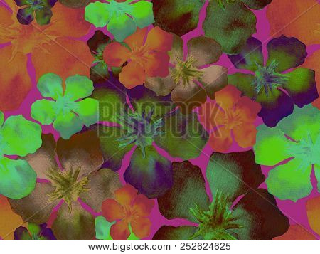 Hawaiian Watercolor Pattern. Pink Red Floral Tropical Seamless Print. Hibiscus And Oleander In Hawai
